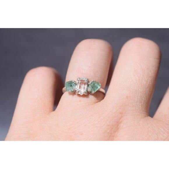 COPY - Green Tourmaline and Herkimer Diamond Engagement Ring size 3 4 5 … - Picture 1 of 8